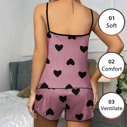 Conjunto de Pijama para Mujer – Camiseta y Shorts con Estampado de Corazones Rosas