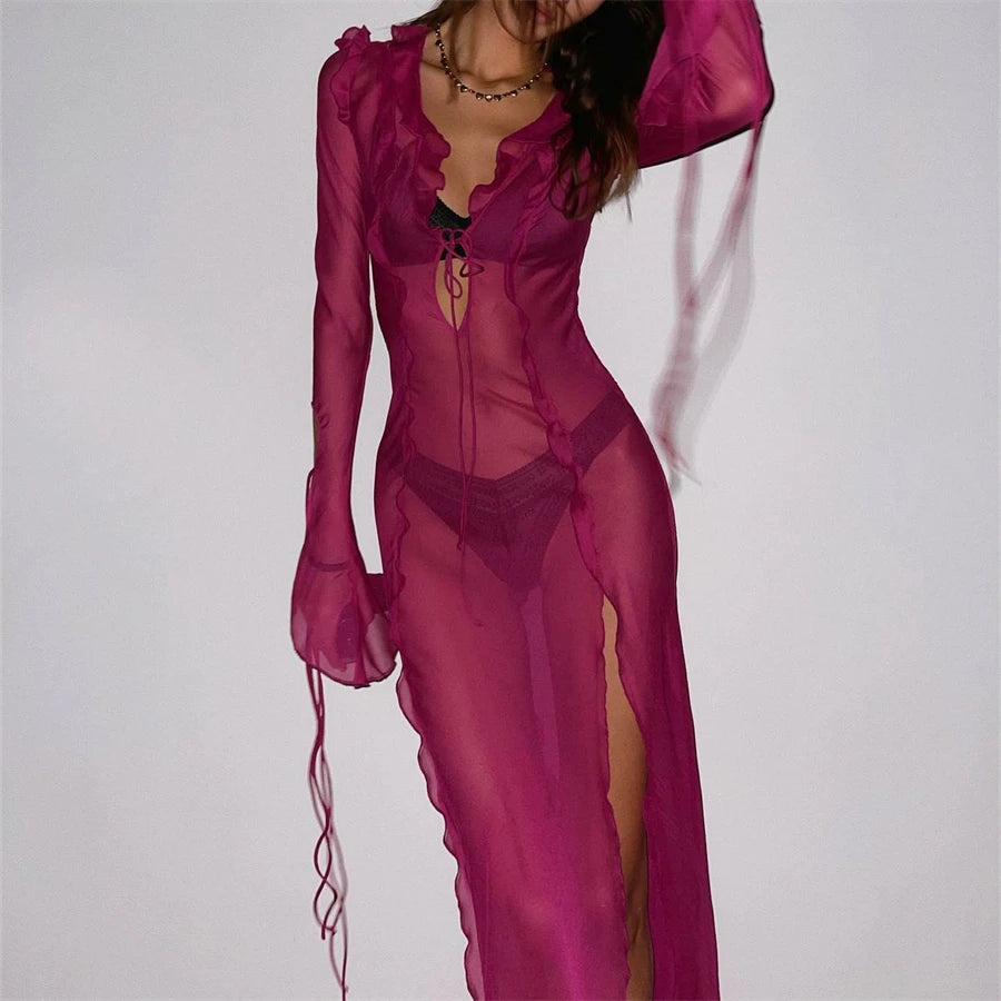 Vestido Largo para Mujer – Malla Transparente, Ajustado al Cuerpo, Vestido de Playa