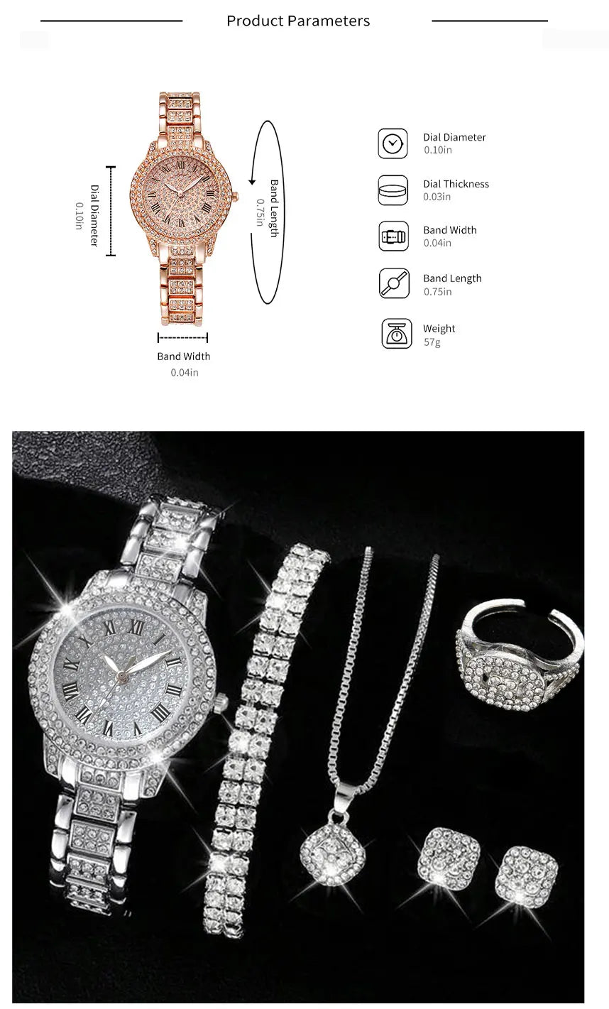 Reloj Elegante para Mujer – Set de 6 Piezas con Pulseras de Aleación y Cristales