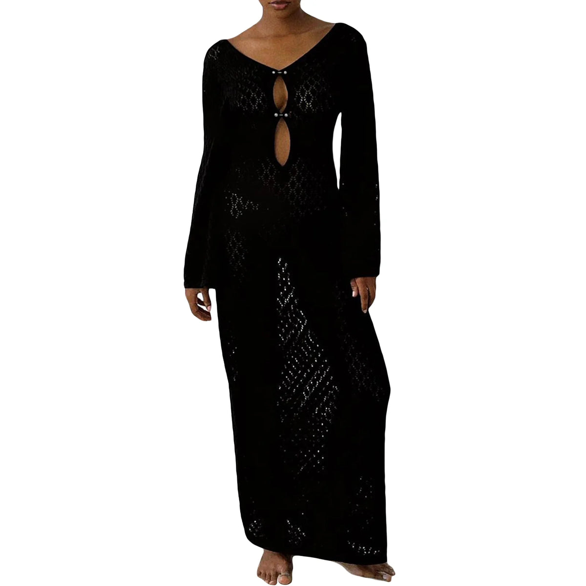 🌟 Vestido Elegante de Punto para Mujer – Manga Acampanada de Crochet, Escote en V Bajo, Espalda Descubierta, Estilo Playa y Fiesta