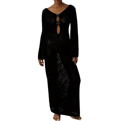 🌟 Vestido Elegante de Punto para Mujer – Manga Acampanada de Crochet, Escote en V Bajo, Espalda Descubierta, Estilo Playa y Fiesta
