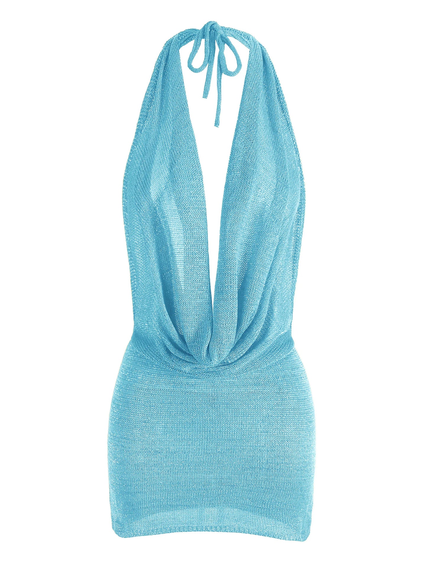 Vestido mini de praia para mulher, modelo 2026, sexy, com decote profundo em V, tecido tipo seda brilhante, malha (knit), costas descobertas