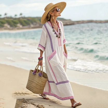Vestido de praia Maxi Boémio Feminino com Bolsos e Decote em V