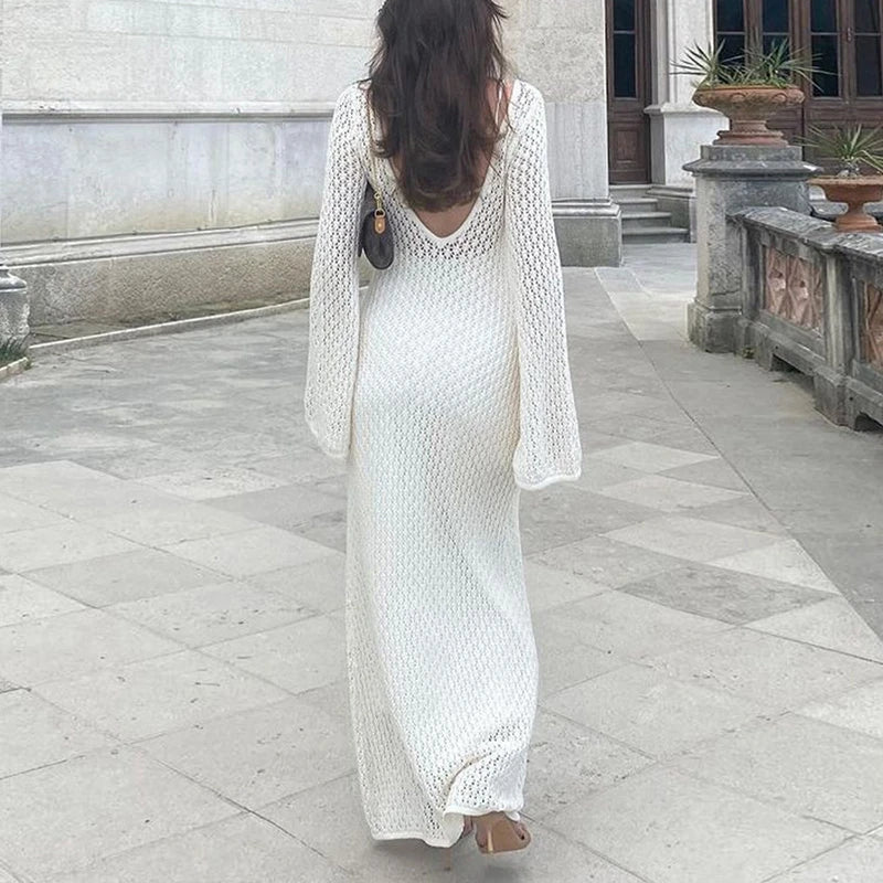 🌟 Vestido Elegante de Punto para Mujer – Manga Acampanada de Crochet, Escote en V Bajo, Espalda Descubierta, Estilo Playa y Fiesta