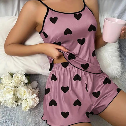 Conjunto de Pijama para Mujer – Camiseta y Shorts con Estampado de Corazones Rosas