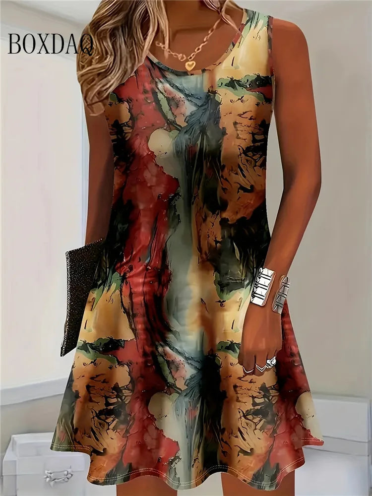 Vestido de verão 2026 sem mangas, casual, com estampado floral