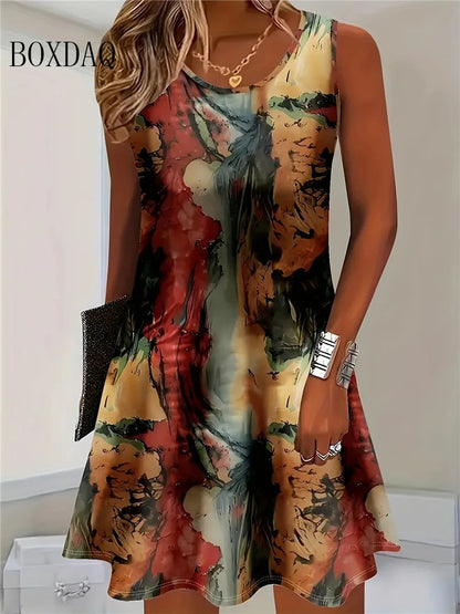Vestido de verão 2026 sem mangas, casual, com estampado floral