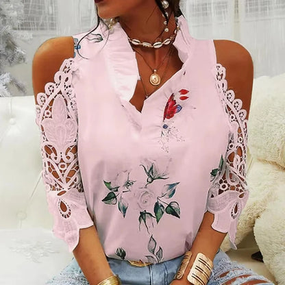 Top feminino de verão, casual e sensual, com detalhe vazado e estampado floral, blusa elegante para mulher com decote em V, mangas curtas em renda, camisa/blusa feminina, modelo 19361.
