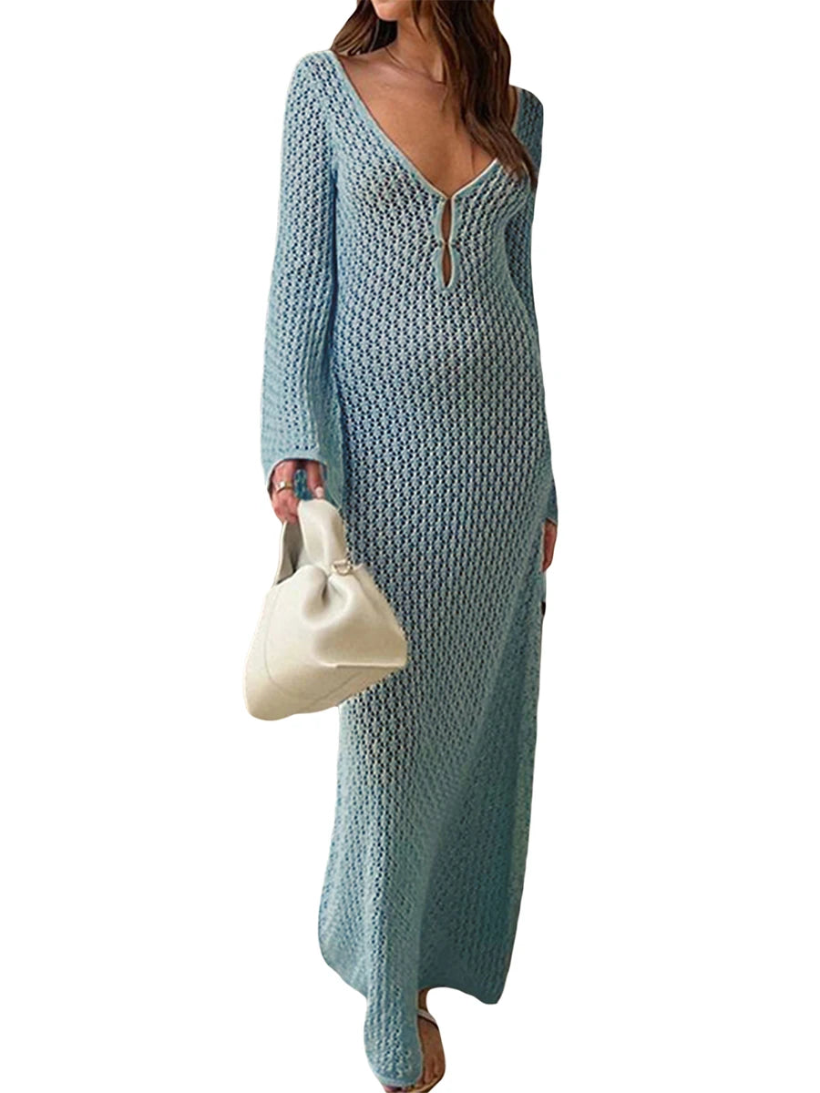 🌟 Vestido Elegante de Punto para Mujer – Manga Acampanada de Crochet, Escote en V Bajo, Espalda Descubierta, Estilo Playa y Fiesta