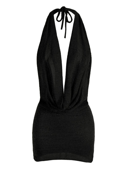 Vestido mini de praia para mulher, modelo 2026, sexy, com decote profundo em V, tecido tipo seda brilhante, malha (knit), costas descobertas
