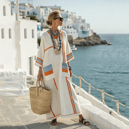 Vestido de praia Maxi Boémio Feminino com Bolsos e Decote em V
