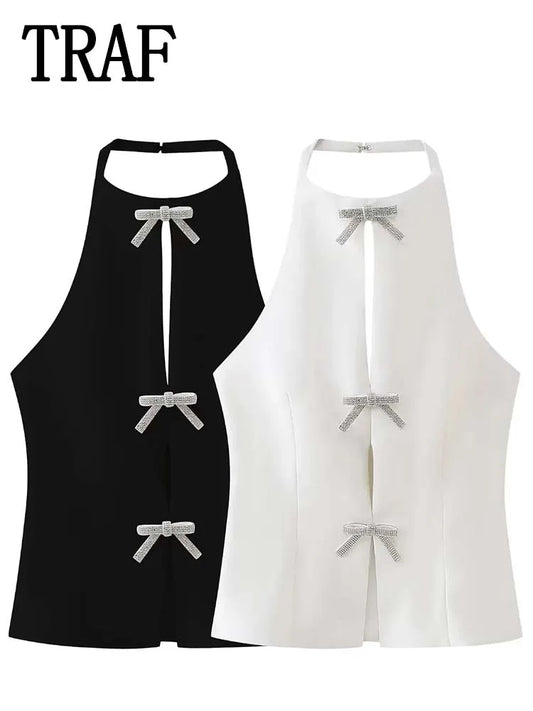 Top de Verano para Mujer con Adorno de Lazo, Cuello Halter y sin Mangas