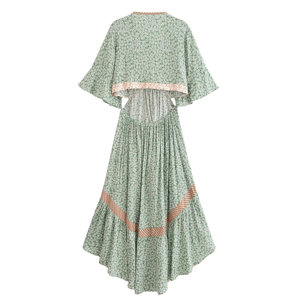 Vestido Boho Queens, com recortes (hollow out), sexy, ideal para praia, com mangas curtas, corte assimétrico