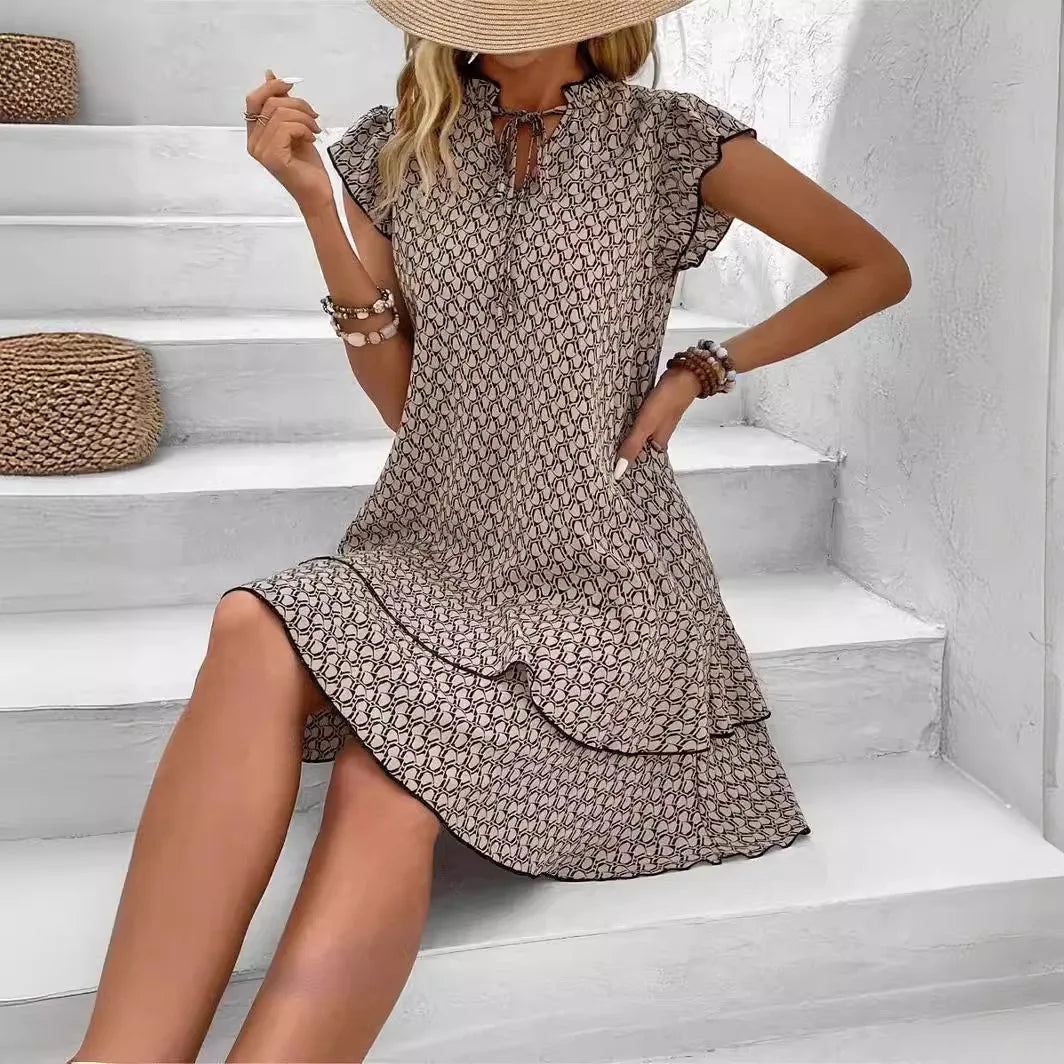 Vestido mini suelto y casual para mujer, elegante, con volantes, estampado bohemio, escote en V con lazada y mangas pequeñas tipo volante