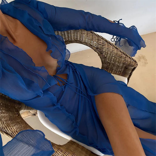 Vestido Largo para Mujer – Malla Transparente, Ajustado al Cuerpo, Vestido de Playa