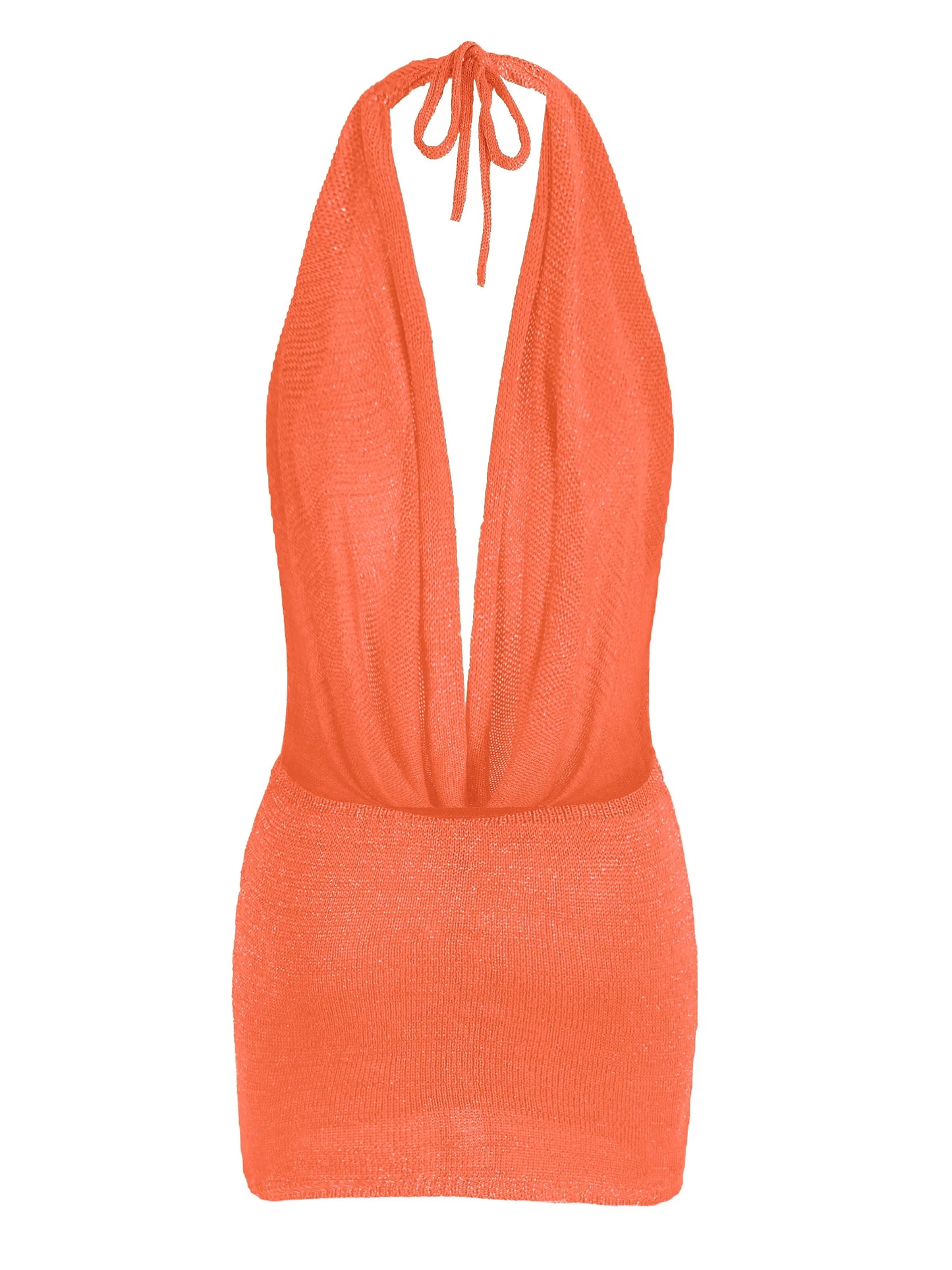 Vestido mini de praia para mulher, modelo 2026, sexy, com decote profundo em V, tecido tipo seda brilhante, malha (knit), costas descobertas