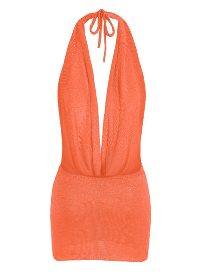Vestido mini de praia para mulher, modelo 2026, sexy, com decote profundo em V, tecido tipo seda brilhante, malha (knit), costas descobertas