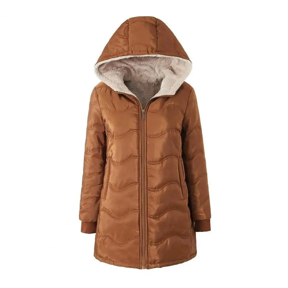 Casaco comprido acolchoado para mulher, casaco grosso de inverno com forro polar, parka acolchoada corta-vento e quente, com fecho e capuz