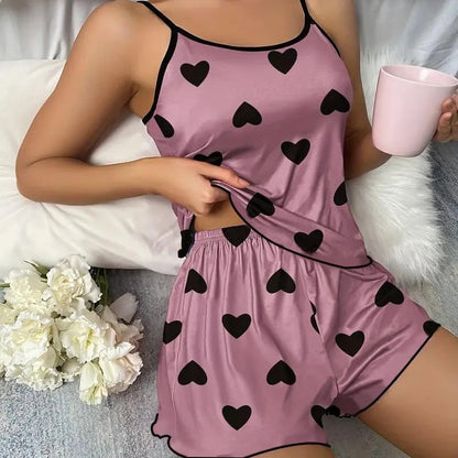 Conjunto de Pijama para Mujer – Camiseta y Shorts con Estampado de Corazones Rosas