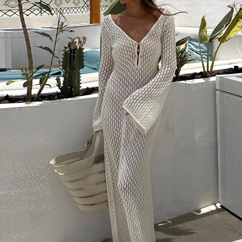 🌟 Vestido Elegante de Punto para Mujer – Manga Acampanada de Crochet, Escote en V Bajo, Espalda Descubierta, Estilo Playa y Fiesta