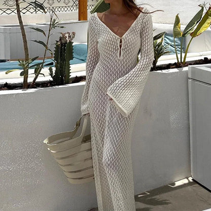 🌟 Vestido Elegante de Punto para Mujer – Manga Acampanada de Crochet, Escote en V Bajo, Espalda Descubierta, Estilo Playa y Fiesta