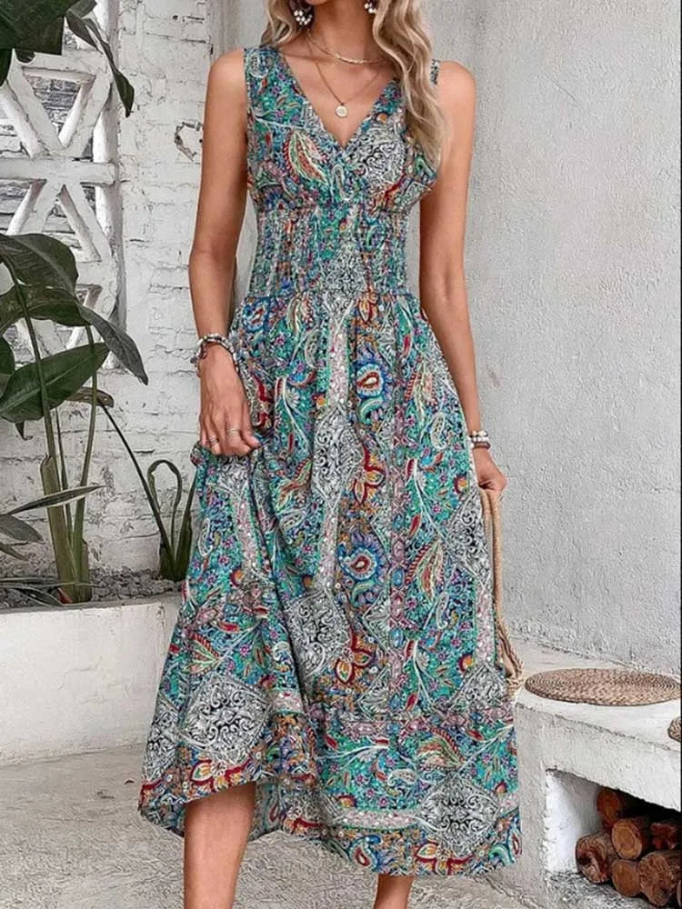 Vestido Maxi Boho Feminino sem Mangas – Elegância e Conforto para o Verão