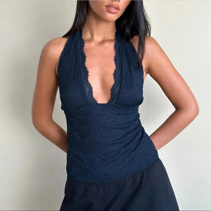 🌸 Top Crop de Encaje Coquette para Mujer – Escote Bajo en V, Halterneck con Lazo, Espalda Descubierta y Ajuste Slim