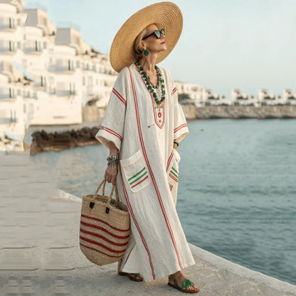Vestido de praia Maxi Boémio Feminino com Bolsos e Decote em V