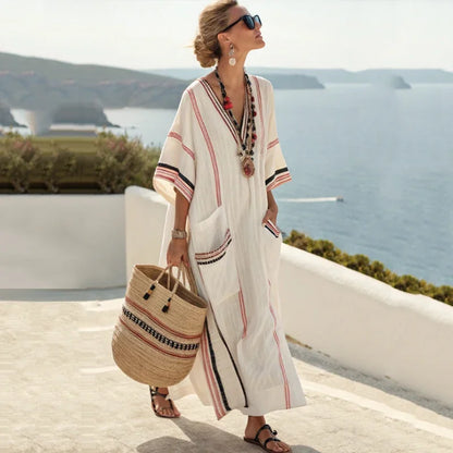 Vestido de praia Maxi Boémio Feminino com Bolsos e Decote em V