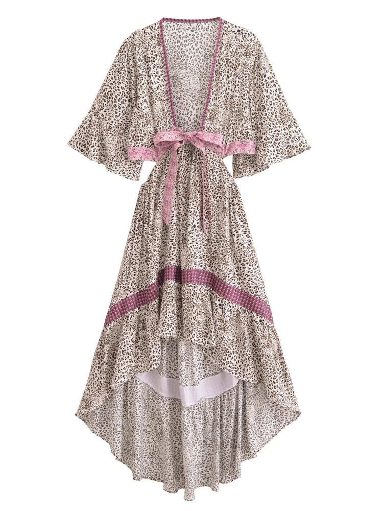 Vestido Boho Queens, com recortes (hollow out), sexy, ideal para praia, com mangas curtas, corte assimétrico
