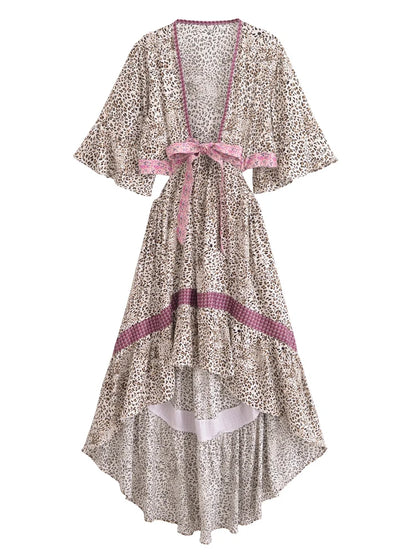 Vestido Boho Queens, com recortes (hollow out), sexy, ideal para praia, com mangas curtas, corte assimétrico