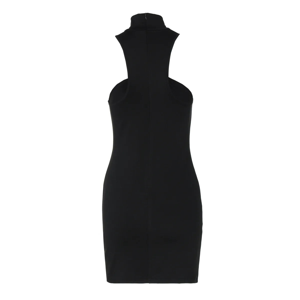 Vestido justo de cintura subida com fivela metálica, cor lisa, ombros descobertos
