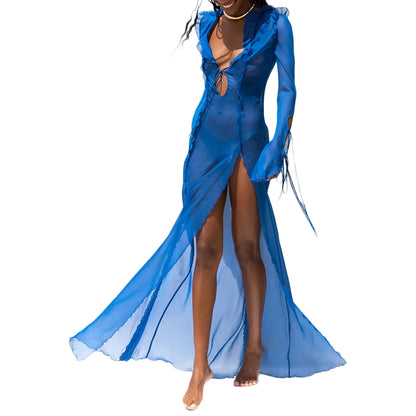 Vestido Largo para Mujer – Malla Transparente, Ajustado al Cuerpo, Vestido de Playa