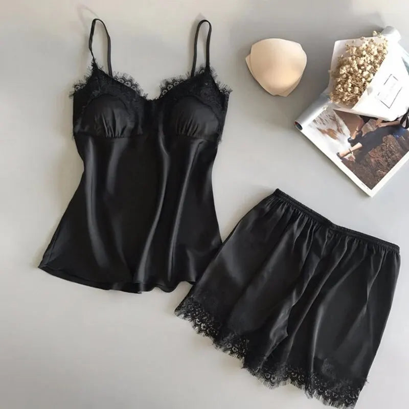 Conjunto de Pijama para Mujer – Babydoll de Satén con Encaje y Lazo