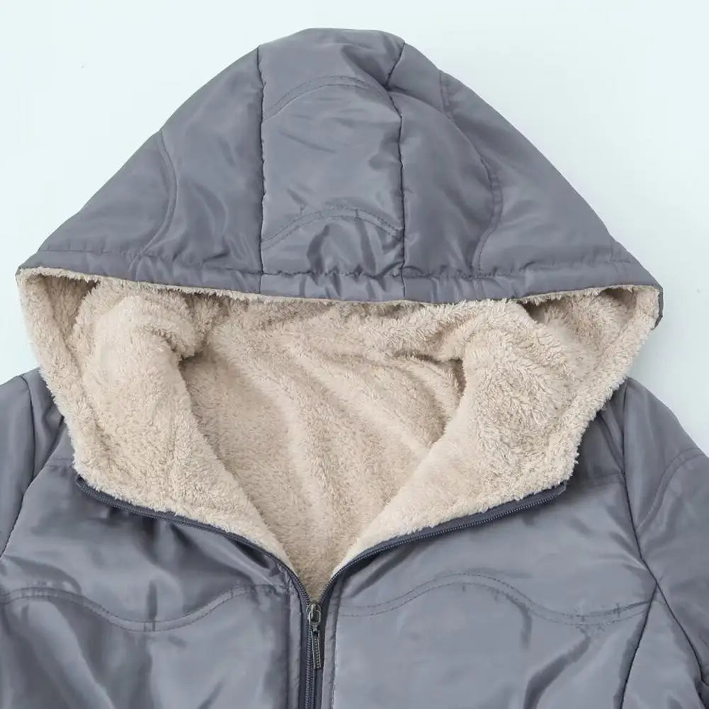 Casaco comprido acolchoado para mulher, casaco grosso de inverno com forro polar, parka acolchoada corta-vento e quente, com fecho e capuz