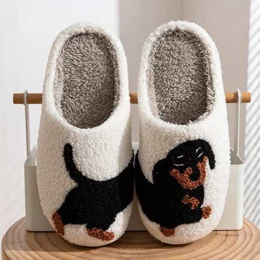 Chinelos de Inverno para Senhora – Design de Cãozinho Preto em Estilo Cartoon, Quentes, Macios e Confortáveis para Casa