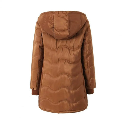 Casaco comprido acolchoado para mulher, casaco grosso de inverno com forro polar, parka acolchoada corta-vento e quente, com fecho e capuz