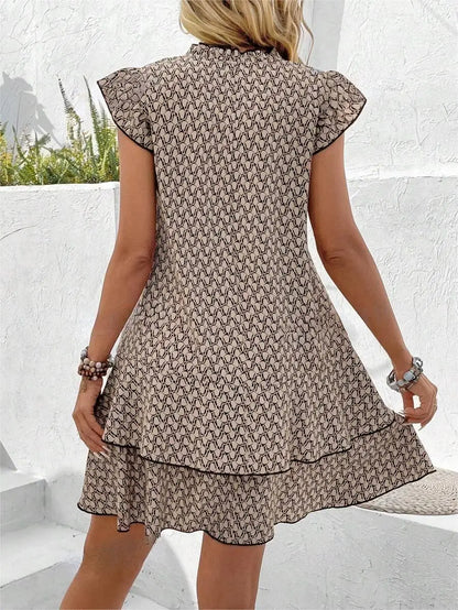 Vestido mini suelto y casual para mujer, elegante, con volantes, estampado bohemio, escote en V con lazada y mangas pequeñas tipo volante