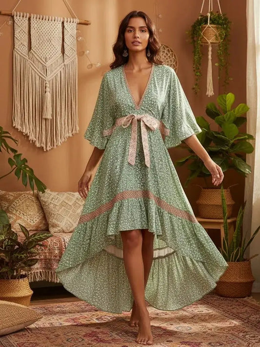 Vestido Boho Queens, com recortes (hollow out), sexy, ideal para praia, com mangas curtas, corte assimétrico