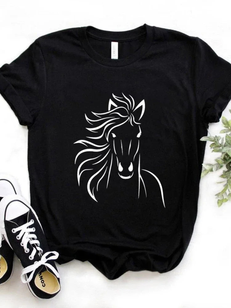 Camiseta de mujer con estampado de caballos, manga corta, cuello redondo, corte ancho y cómodo, ideal para uso casual