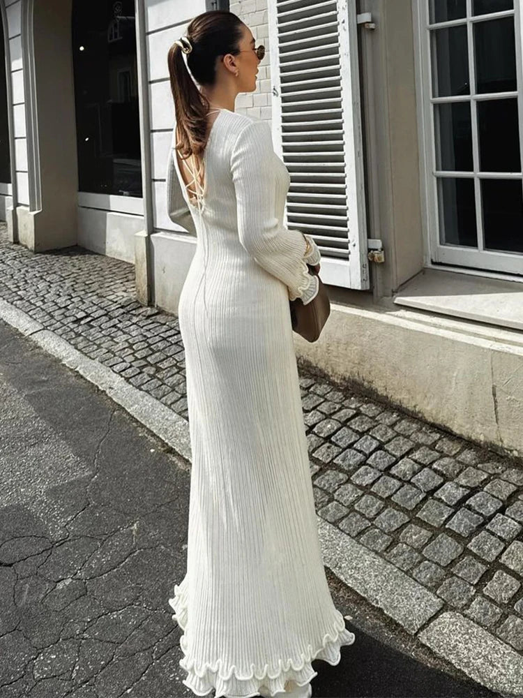 Vestido Largo Elegante de Mujer con Espalda Ajustable con Cintas, Color Sólido – Estilo Casual, Streetwear, Fiesta y Club