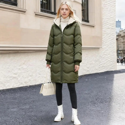 Casaco comprido acolchoado para mulher, casaco grosso de inverno com forro polar, parka acolchoada corta-vento e quente, com fecho e capuz