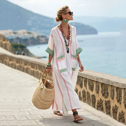 Vestido de praia Maxi Boémio Feminino com Bolsos e Decote em V