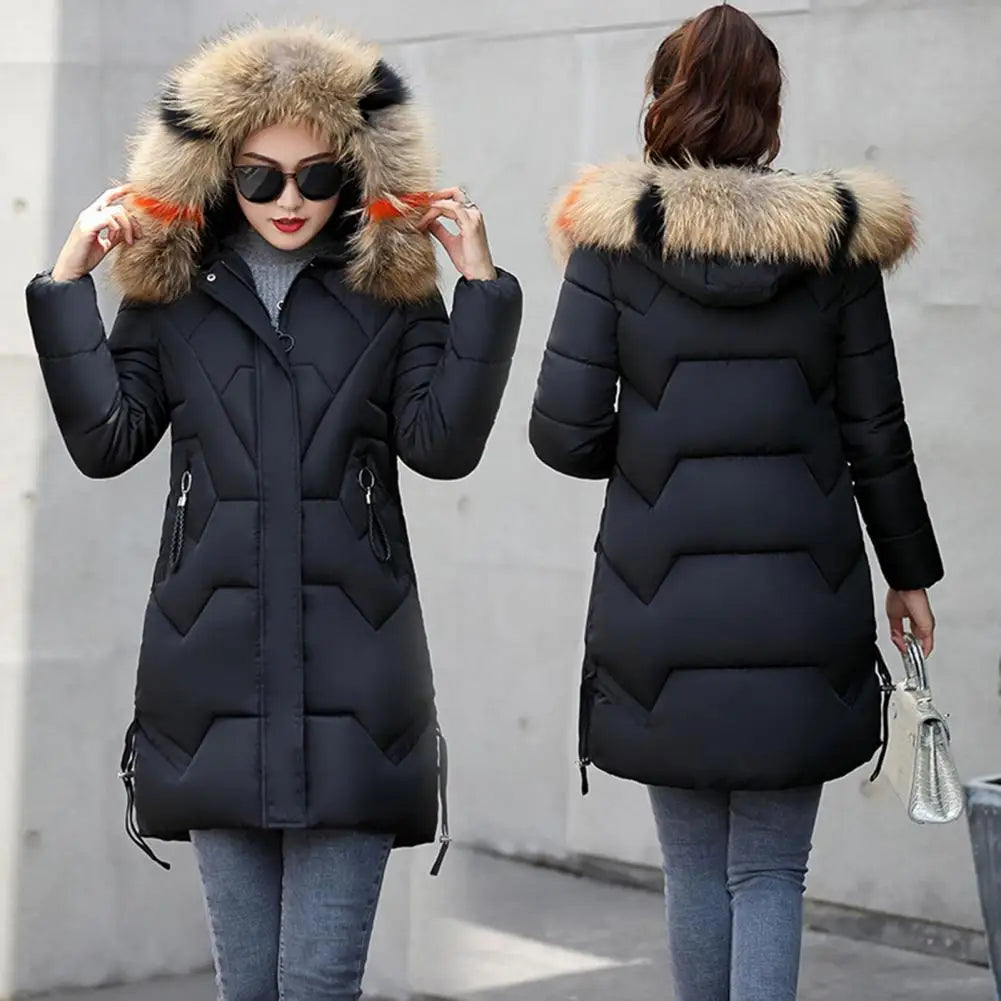 Chaqueta de invierno para mujer con capucha de peluche — abrigo de algodón, corte medio, con cremallera y protección en el cuello, resistente al viento. ❄️🧥✨