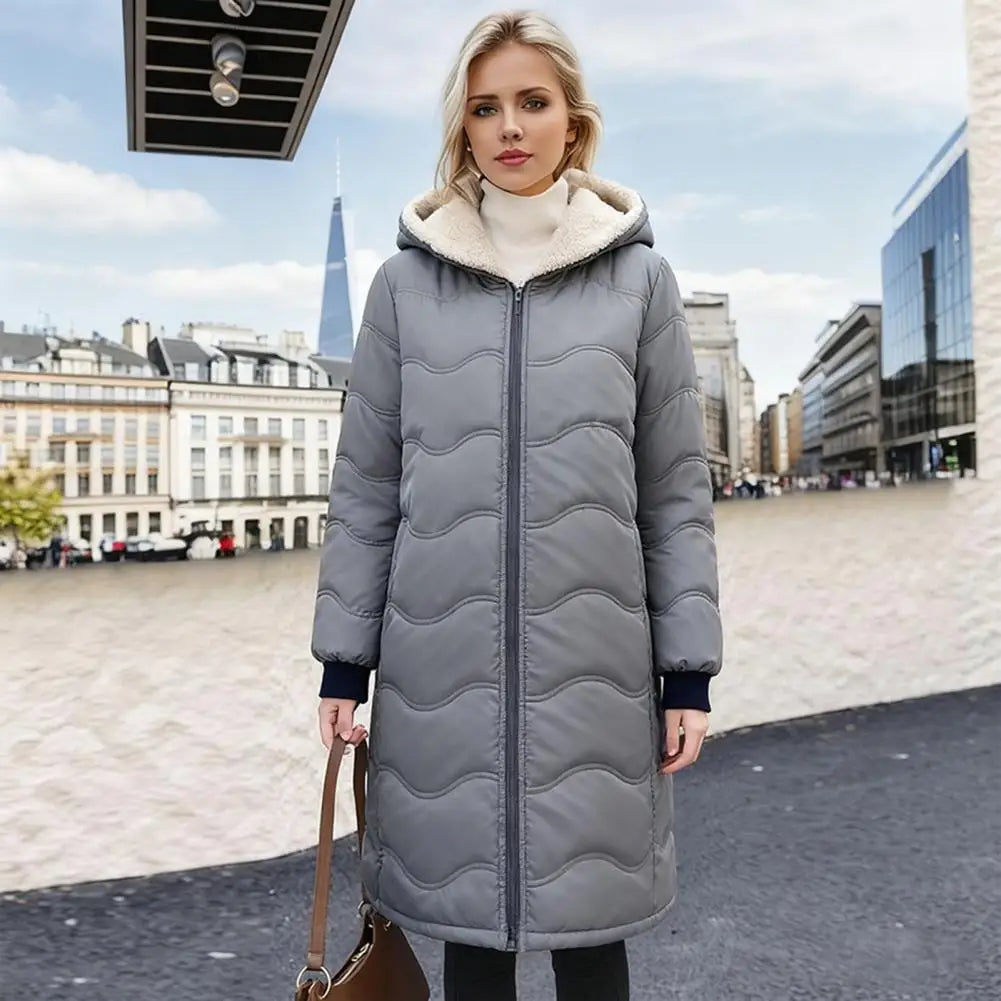 Casaco comprido acolchoado para mulher, casaco grosso de inverno com forro polar, parka acolchoada corta-vento e quente, com fecho e capuz
