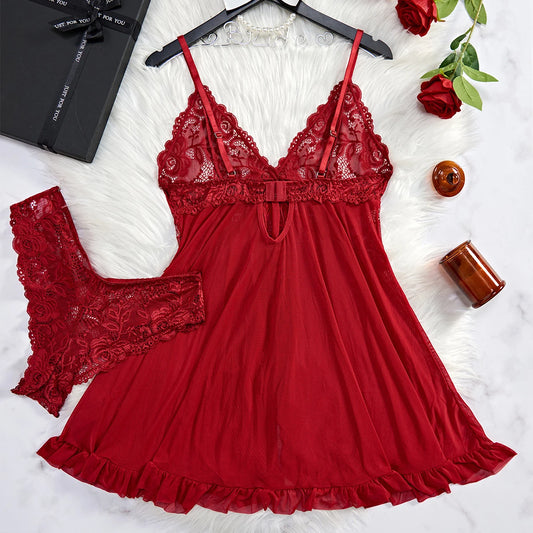 Vestido de Noite Sexy de Renda Transparente - Lingerie de Verão para Mulher, Pijama em V Macio e Ajustado - Roupa de Dormir & Vestidos