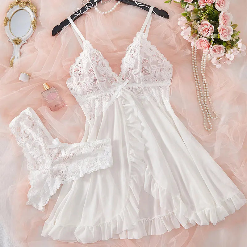 Vestido de Noite Sexy de Renda Transparente - Lingerie de Verão para Mulher, Pijama em V Macio e Ajustado - Roupa de Dormir & Vestidos