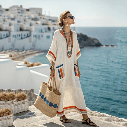 Vestido de praia Maxi Boémio Feminino com Bolsos e Decote em V