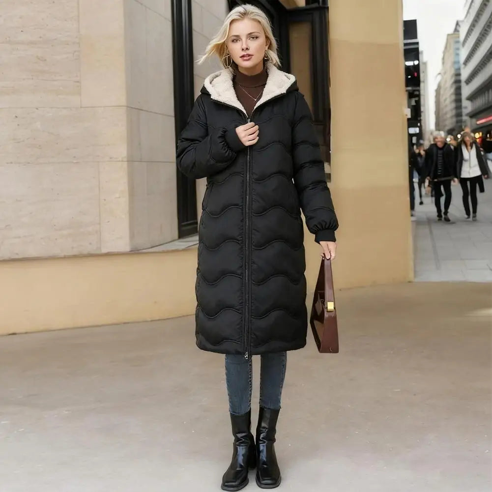 Casaco comprido acolchoado para mulher, casaco grosso de inverno com forro polar, parka acolchoada corta-vento e quente, com fecho e capuz