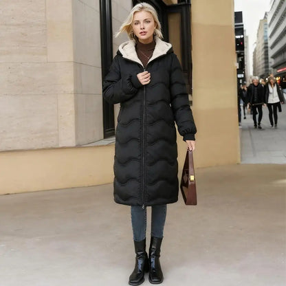 Casaco comprido acolchoado para mulher, casaco grosso de inverno com forro polar, parka acolchoada corta-vento e quente, com fecho e capuz